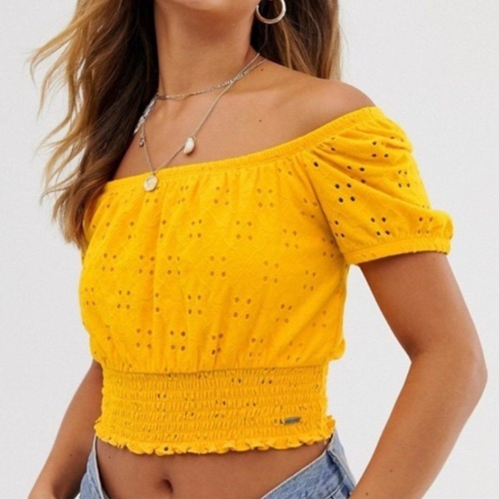 Hollister Co. Crop Top Women's Yellow Eyelet Bardot Blouse Size XS